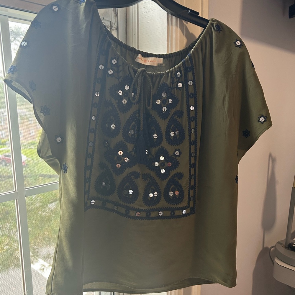 Tory Burch Olive Blouse with Navy Accents
